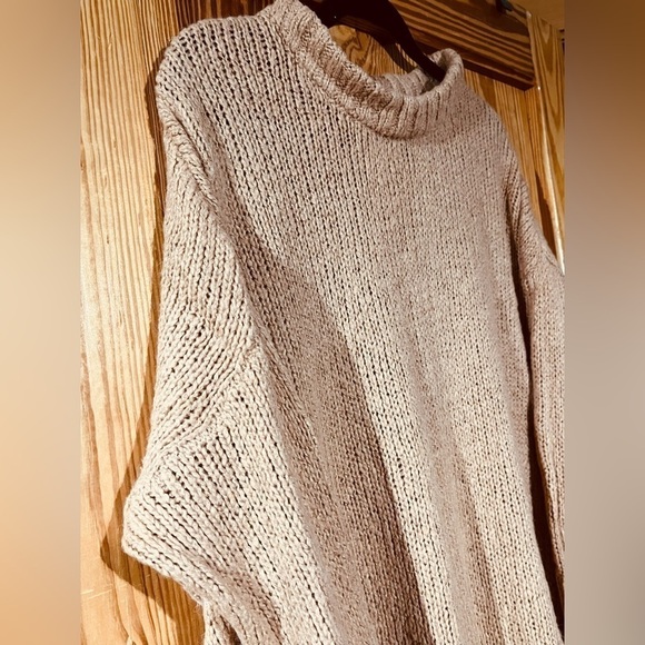 Aerie Wool Blend Oversized Sweater Pink Tan Crewneck Cozy Knit Relaxed Fit - Picture 5 of 10